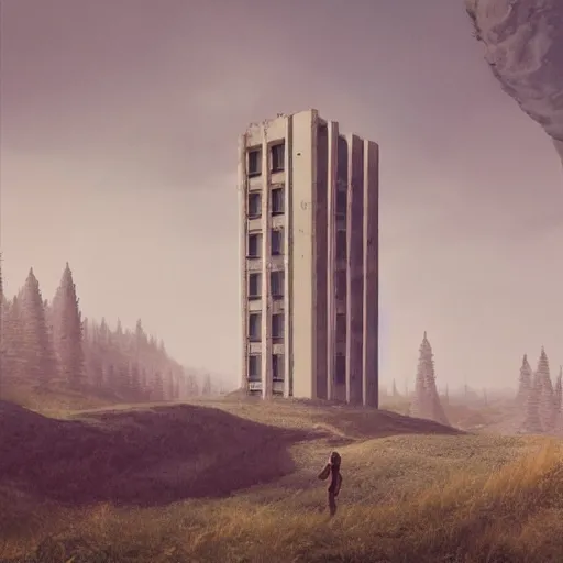 Image similar to sci - fi concrete brutalism symbolism building, simon stalenhag, photoreal, highly detailed