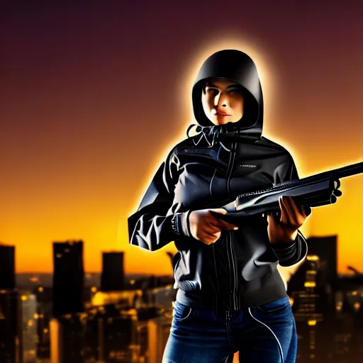 Image similar to photographic portrait of a techwear woman holding a shotgun, closeup, on the rooftop of a futuristic city at night, sigma 85mm f/1.4, 4k, depth of field, high resolution, full color, Die Hard, movies with guns, movie firearms