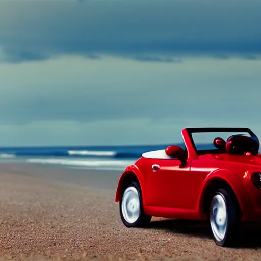 Image similar to Photo of Teddy bear driving a a red convertible sports car by the seaside, dynamic lighting, photo taken by Martin Schoeller for Abercrombie and Fitch, award-winning photo, 35mm f/1.4