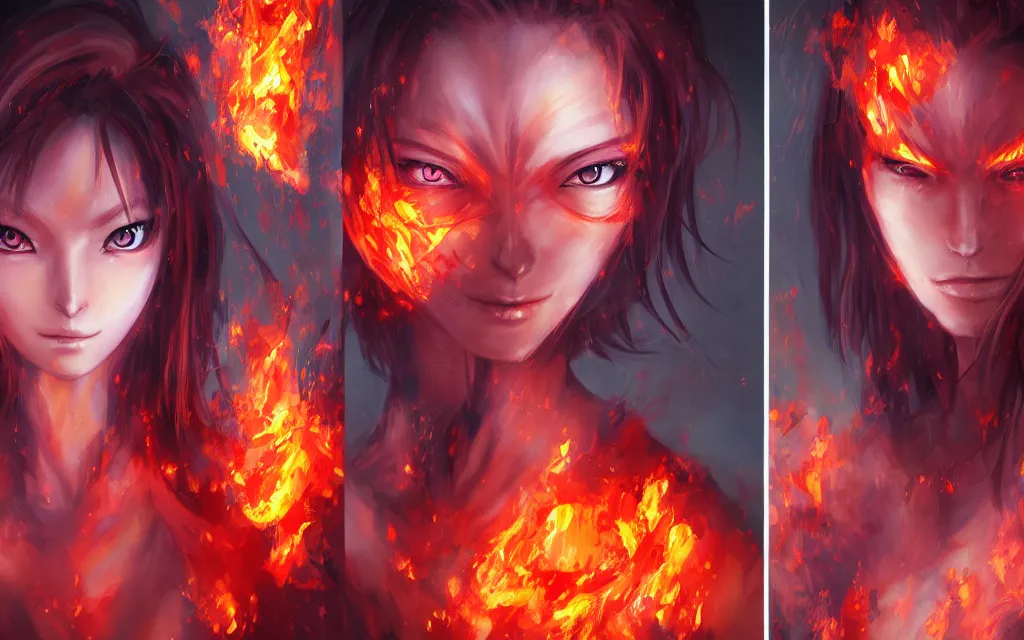 Image similar to A realistic anime portrait of a beautiful fire spirit twins with glowing red eyes and firey skin wearing clothes made of flames, digital painting, by Stanley Artgerm Lau, Sakimichan, WLOP and Rossdraws, digtial painting, trending on ArtStation, SFW version