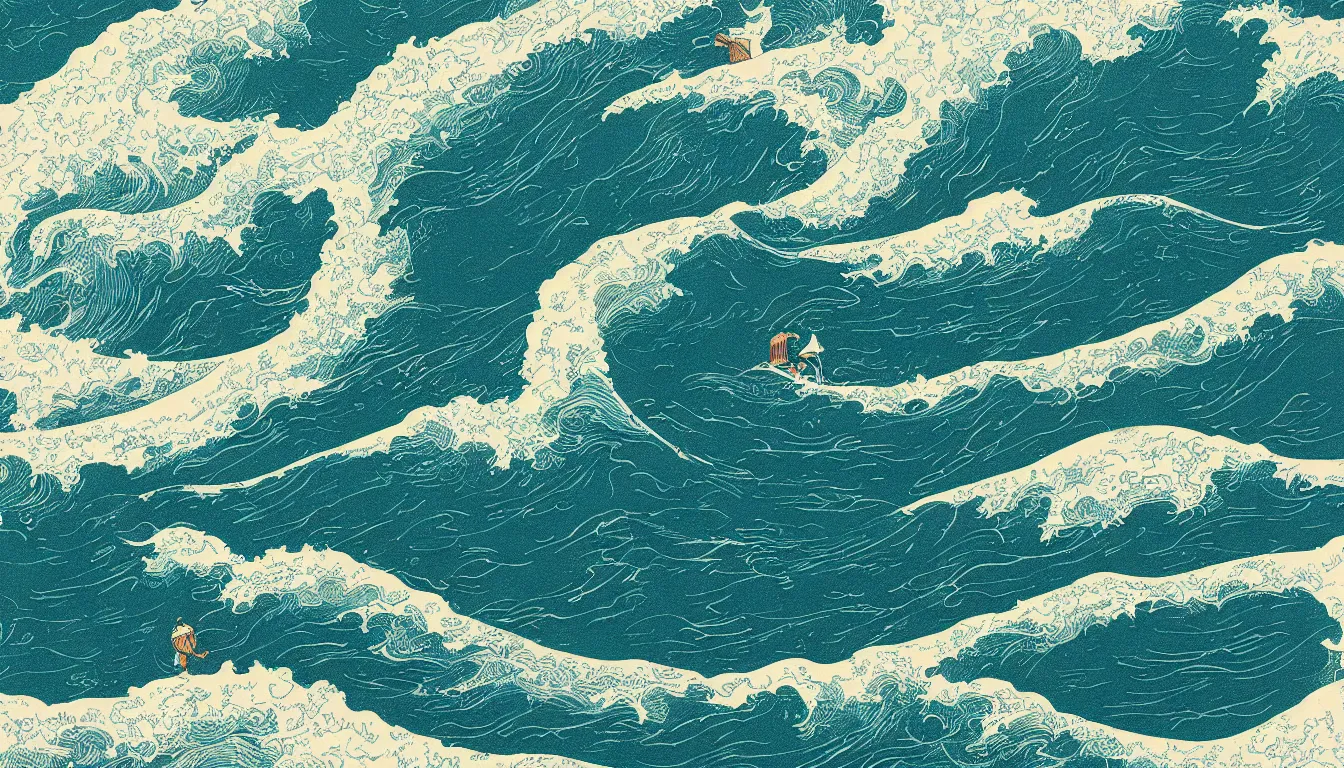 Prompt: huge waves far out at sea drawing by Victo Ngai, minimalist, detailed, land in sight, kilian eng, josan gonzalez