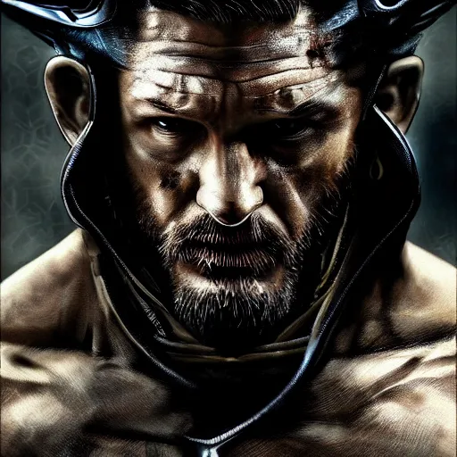 Image similar to Tom Hardy in wolverine suit Digital art 4K quality Photorealism