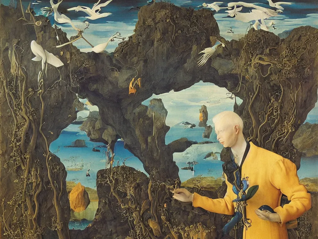 Image similar to Portrait of albino mystic with blue eyes, with exotic beautiful orchid crane. Landscape with tsunami, giant wave, boulder. Painting by Jan van Eyck, Audubon, Rene Magritte, Agnes Pelton, Max Ernst, Walton Ford