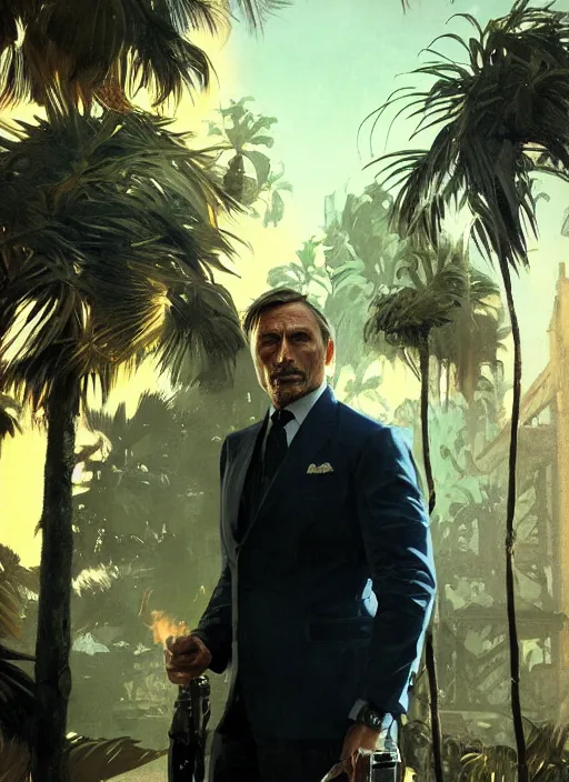 Image similar to portrait of mads mikkelsen as james bond, key art, palm trees, vintage aston martin, highly detailed, digital painting, artstation, concept art, cinematic lighting, sharp focus, illustration, by gaston bussiere alphonse mucha