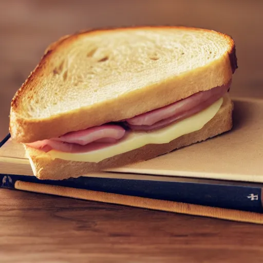 Image similar to a ham and cheese sandwich on bunny bread, sitting on a thick old book. 4 k, pinhole photograph