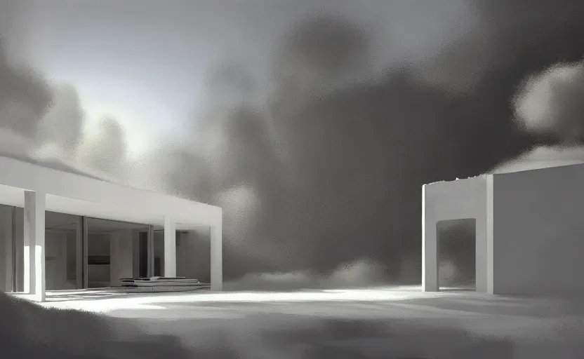 Image similar to painting of a white architecture by peter zumthor painted by greg ruthkowski and craig mullins, cinematic and atmospheric lighting, archviz, archdaily, vray, render