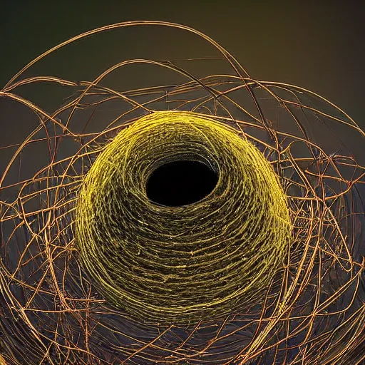 Image similar to almost abstract. it has both recognizable elements of nature and non - representational shapes. there's a nest - like object at the bottom, and two stick like objects. they extend up to a series of spherical shapes, one of them emitting a yellow light.