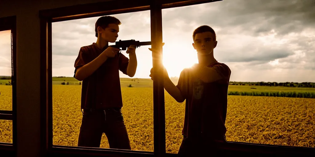 Prompt: the sunset's light beams through a window, tommy 1 8 years old, shoots revolvers with his older brother rickey who is a tough 2 6 year old male, action pose, outside in a farm, medium close up shot, depth of field, sharp focus, waist up, movie scene, anamorphic, costume art direction style from the movie the outsiders