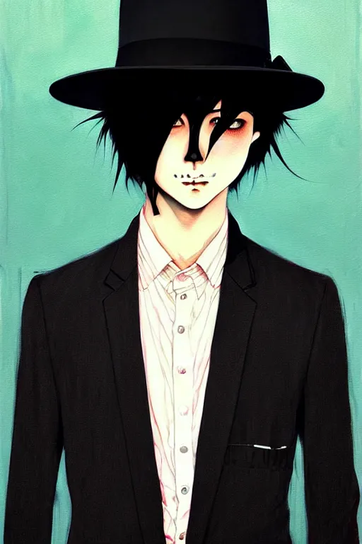 Prompt: a ultradetailed beautiful painting of kiriyama renn wearing a black bowler hat and a suit undershirt, he has black hair with bangs, by conrad roset, greg rutkowski and makoto shinkai trending on artstation