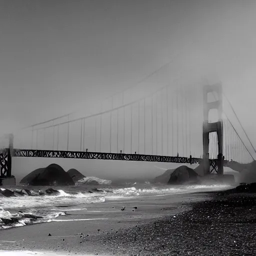 Image similar to a destroyed and deserted golden gate bridge