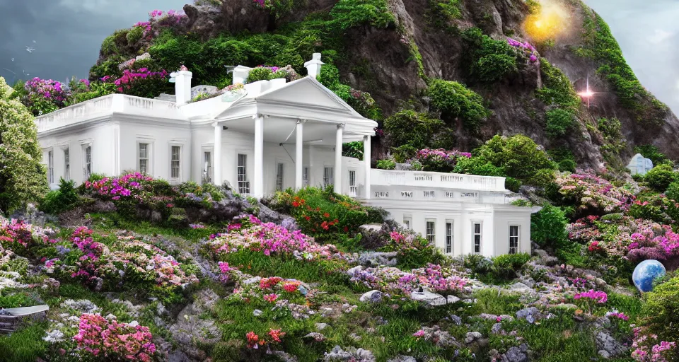 Prompt: small white house in canyon filled with flowers, space ship flying by, photorealistic, artstation, detailed