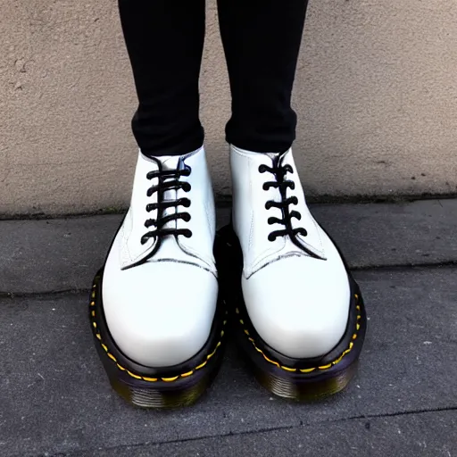 Image similar to Full picture of a white hair dracula wearing Dr. Martens shoes