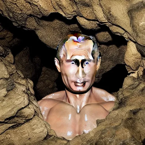 Prompt: photo inside a cavern of a wet reptilian humanoid putin with black eyes, open mouth and big teeth, partially hidden behind a rock