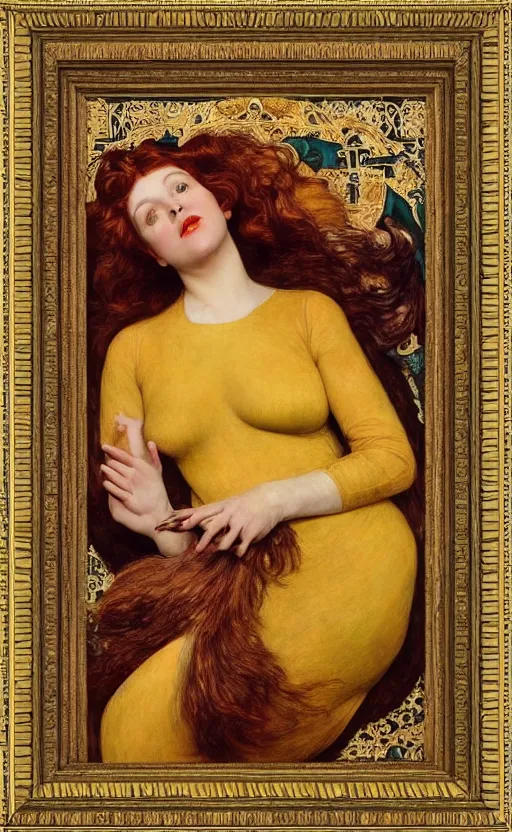 Image similar to preraphaelite full body reclining portrait photography masterpiece hybrid of judy garland and florence welch, brown hair fringe, yellow ochre ornate medieval dress, kilian eng and william holman hunt, frederic leighton, ford madox brown, william morris, framed, 4 k