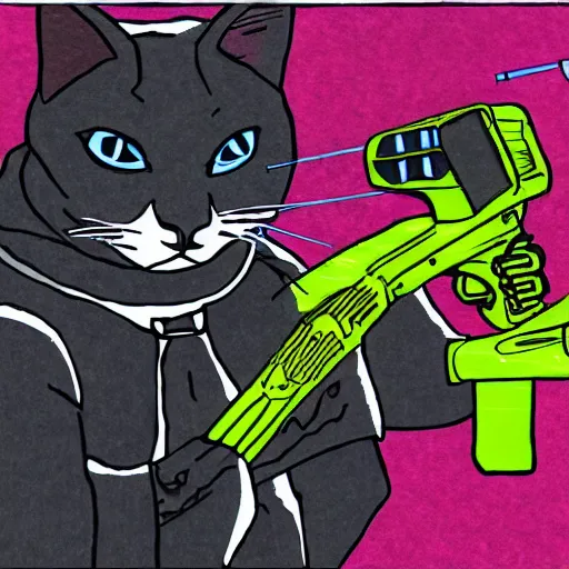 Prompt: cyberpunk cat in suit holding laser gun sketch