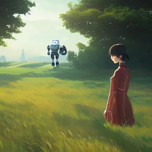 Image similar to a robot in a field. cgsociety masterpiece, artstation trending, by rossdraws, ghibli, kimi no na wa, greg rutkowski, simon stalberg, greg manchess