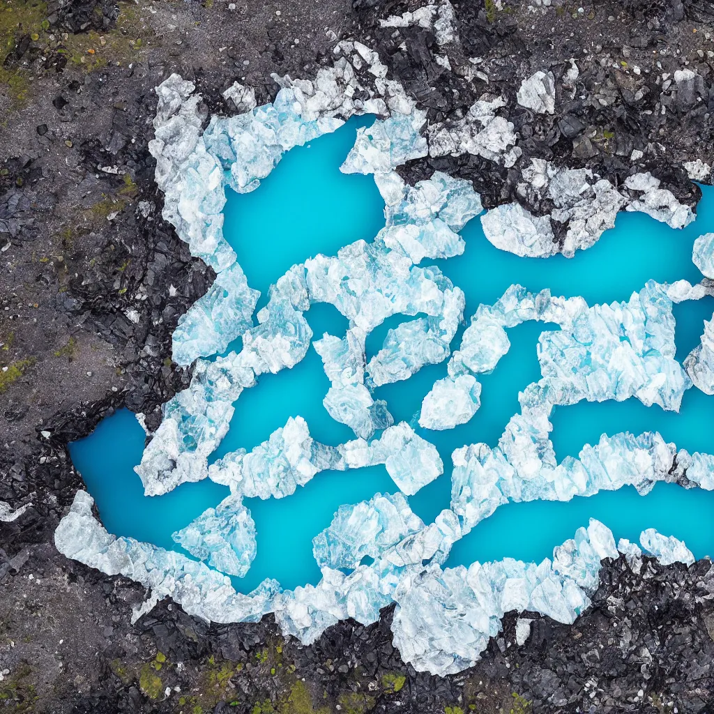 Prompt: bright blue pools of water surrounded by large facetted slabs of obsidian, patches of green moss, icy glaciers, Iceland, birds eye view