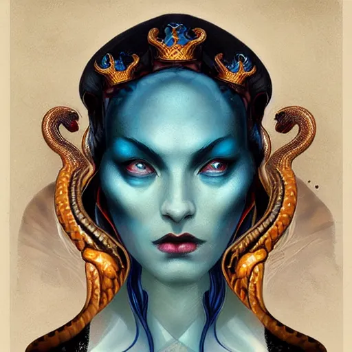 Image similar to queen of snakes, crown of snakes, blue skin, royal, by Anato Finnstark, Tom Bagshaw, Brom