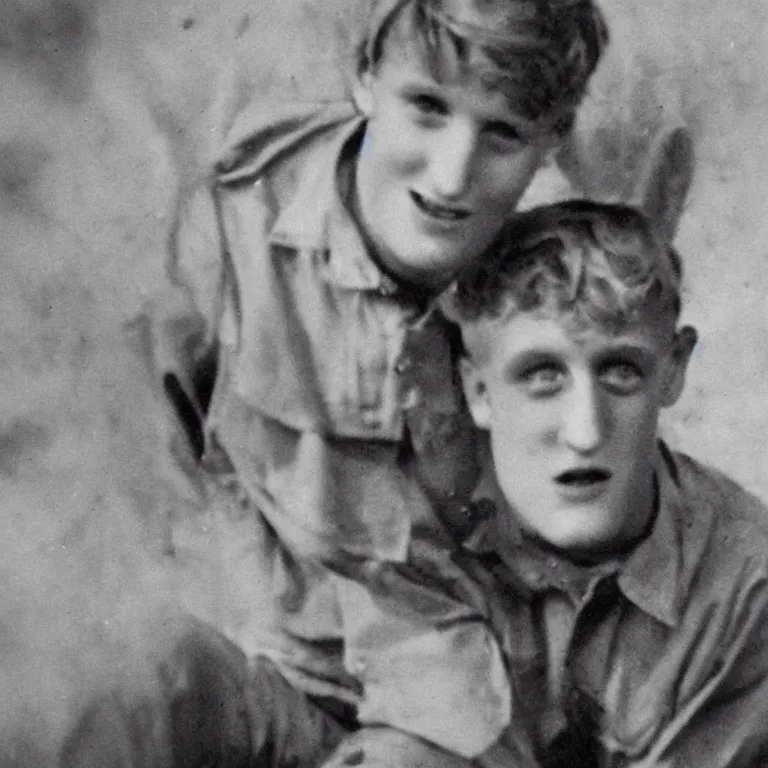 Prompt: A sighting of special needs Logan Paul. 1940s photograph. cursed and haunted.