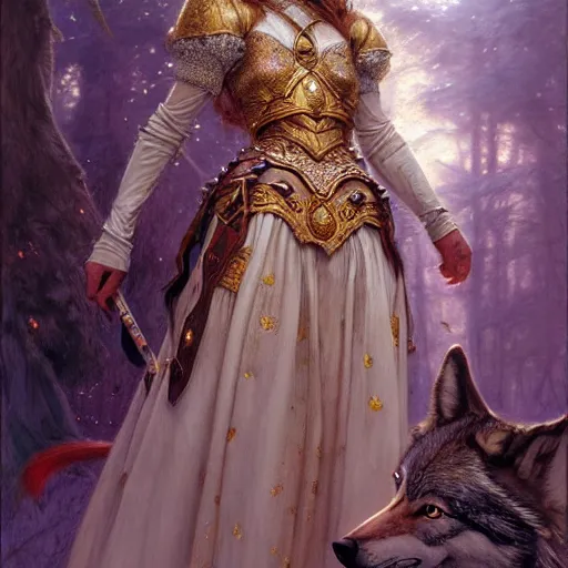 Prompt: highly detailed full body portrait of a enchanted wolf in the form of a beautiful young princess. d & d, art by donato giancola and ruan jia and carl larsson and magali villeneuve. trending on artstation, intricate details, energetic composition, golden ratio, concept art, illustration, elegant art