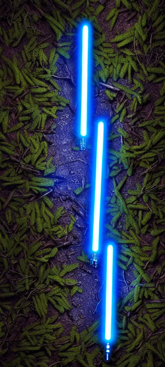 Prompt: detailed cinematic render, of a blue cyberpunk lightsaber lying vertically on a detailed forest floor, in a dark room, photo from above, octane render 8 k, digital art, lightsaber wallpaper 4 k, ray tracing, jedi fallen order lightsaber wallpaper 4 k, cal kestis lightsaber wallpaper