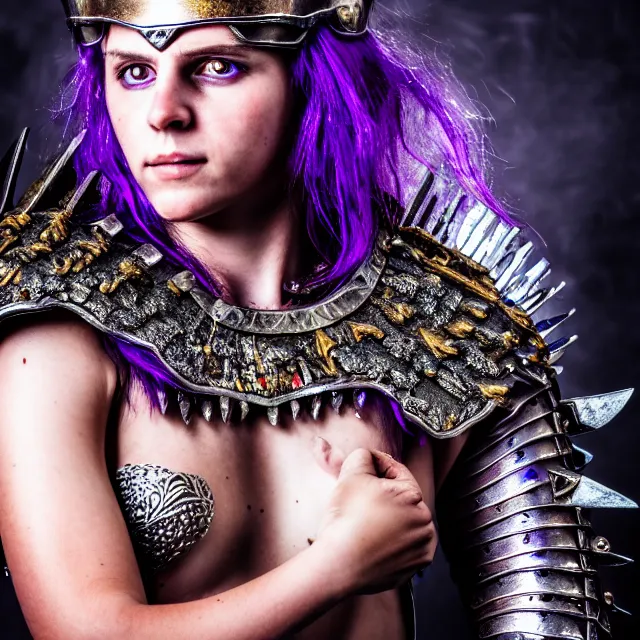 Image similar to photo of a beautiful cute warrior queen wearing amethyst encrusted armour, highly detailed, 4 k, hdr, smooth, sharp focus, high resolution, award - winning photo