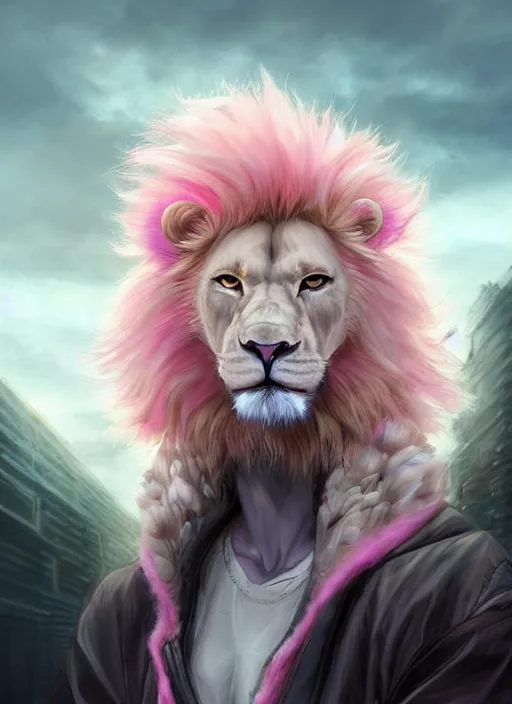 Prompt: aesthetic portrait commission of a of a male fully furry muscular anthro albino lion with a tail and a beautiful attractive hyperdetailed face wearing stylish and creative unkempt black and pink wired clothes in a sci-fi dystopian city at golden hour while it storms in the background. Character design by charlie bowater, ross tran, artgerm, and makoto shinkai, detailed, inked, western comic book art, 2021 award winning painting