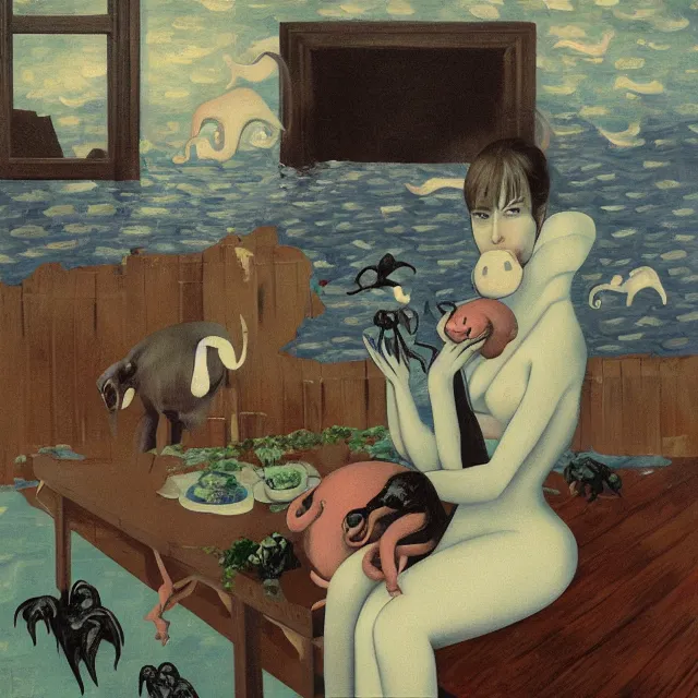 Image similar to tall female emo artist holding a pig in a flooded cafe, octopus, water gushing from ceiling, painting of flood waters inside a cafe, a river flooding indoors, pomegranates, pigs, ikebana, water, octopus, river, rapids, waterfall, black swans, canoe, berries, acrylic on canvas, surrealist, by magritte and monet