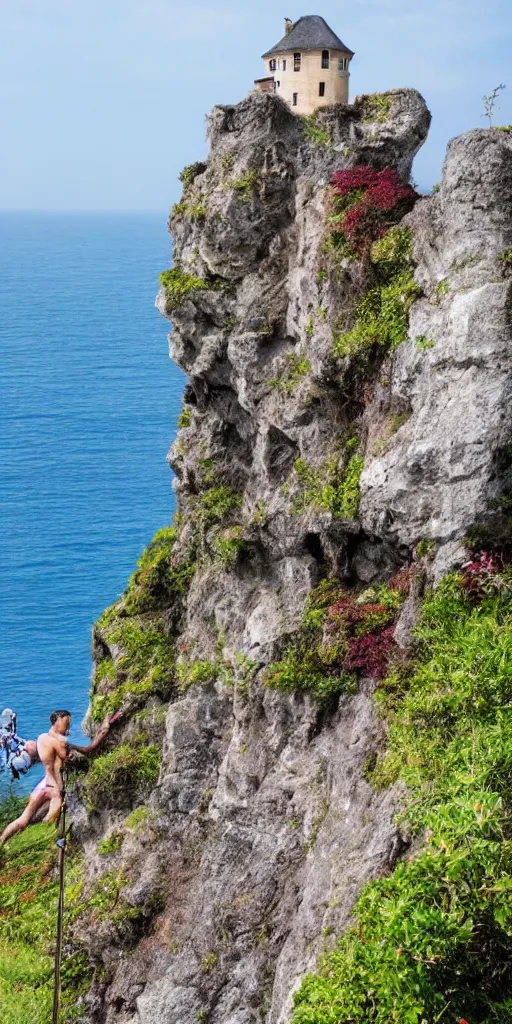 Prompt: a physically fit man climbing steep stairs toward a beautiful storybook castle on a high cliff overlooking the ocean