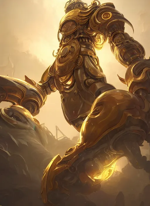 Image similar to a highly detailed illustration of gentle colossal golden mechanical giant, with cute doting eyes, intricate, elegant, highly detailed, centered, digital painting, artstation, concept art, smooth, sharp focus, league of legends concept art, wlop.