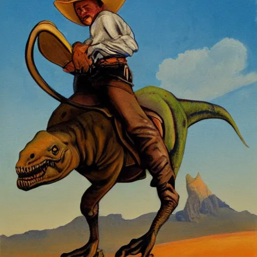 Prompt: a painting of a cowboy riding a dinosaur in the style of n. c. wyeth.