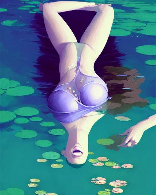 Prompt: hyper - realistic portrait of a woman underwater, water lilies, by atey ghailan, by greg rutkowski, by greg tocchini, by james gilleard, by joe fenton, by kaethe butcher, dynamic lighting, gradient light purple, brown, blonde cream and white color scheme, grunge aesthetic