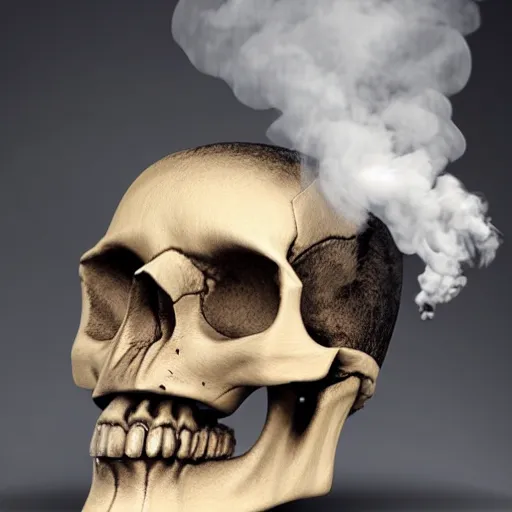 Prompt: hyperrealistic skull wearing a top hat surrounded by smoke, smoke pouring out of its mouth,