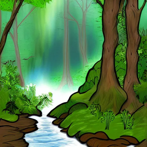 Prompt: digital art painting of a river running through a forest, very mediocre, not detailed at all.