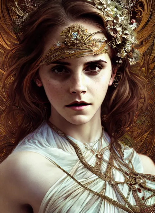 Image similar to Emma Watson as Driada, detailed photograph intricate insanely detailed octane render, 8k artistic photography, photorealistic, full body shot, cute, fantasy, intricate, elegant, highly detailed, digital painting, 4k, HDR, concept art, smooth, sharp focus, illustration, art by alphonse mucha,artgerm, H R Giger