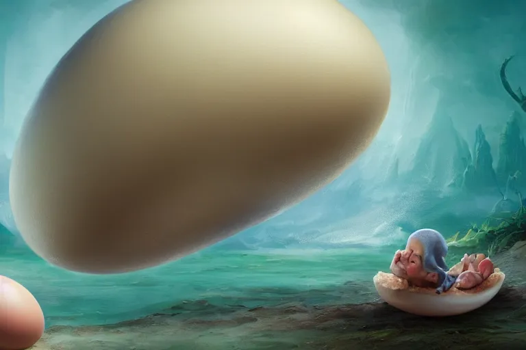 Image similar to a baby mermaid hatching out of a egg, matte painting, concept art, digital art, trending on artstation, 4 k, extremely detailed, realistic, fantasy art,