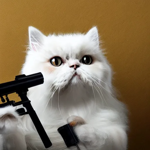 Prompt: persian cat holding a bazooka gun, photo, 4 k, hyper realistic,