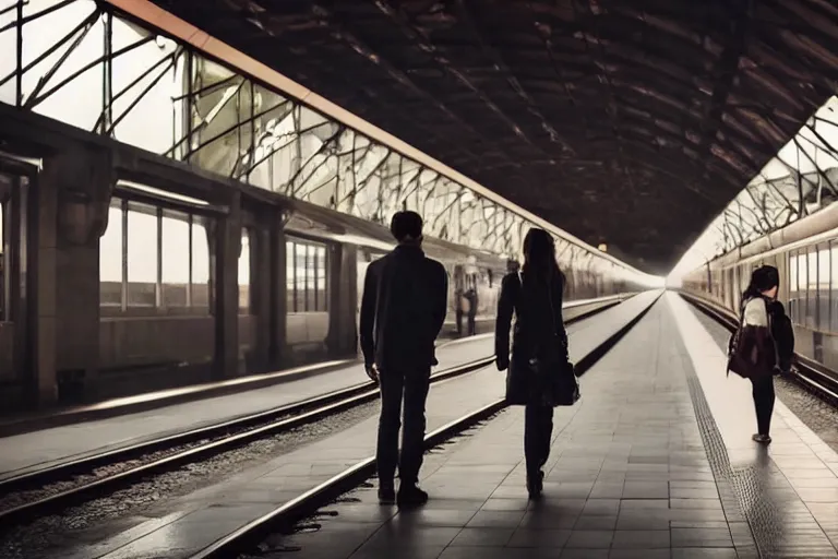 Image similar to vfx movie couple in a train station flat color profile low - key lighting cinematography atmospheric cool color - grade