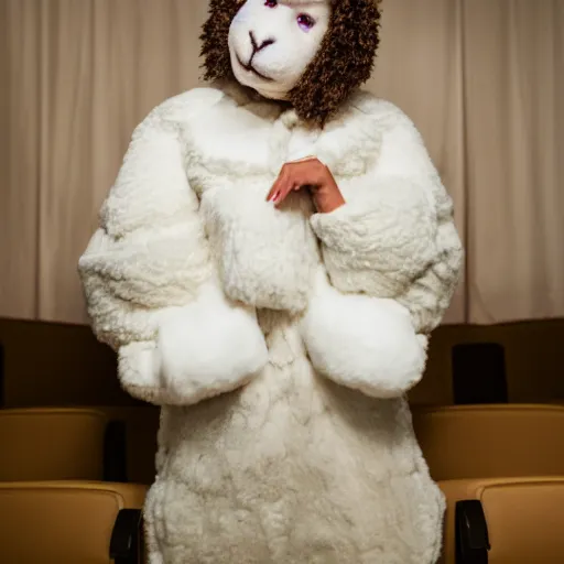 Image similar to portrait, woman in a sheep costume, on a theatre stage, stage lighting, editorial photography, 5 0 mm f / 1. 4