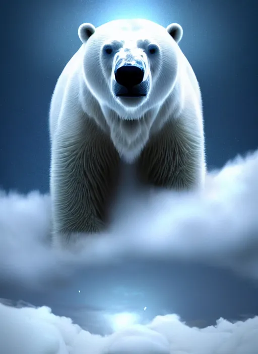 Image similar to a digital painting of a polar bear surrounded by clouds, an ambient occlusion render by mike winkelmann, cgsociety, fantasy art, fractalism, tesseract, rendered in cinema 4 d