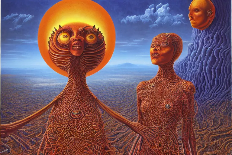 Image similar to THE QUEEN OF THE SUN by jacek yerka, alex gray, zdzisław beksiński, dariusz zawadzki, jeffrey smith and h.r. giger, oil on canvas, 8k highly professionally detailed, trending on artstation