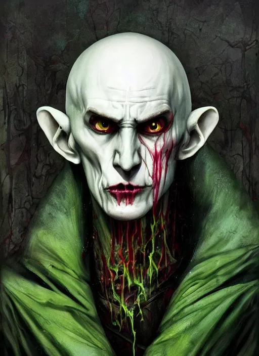 Prompt: a Demon Slayer portrait of Nosferatu, tall, pale-skinned, slender with lime green eyes and long eyelashes by Stanley Artgerm, Tom Bagshaw, Arthur Adams, Carne Griffiths, trending on Deviant Art, street art, face enhance, chillwave, maximalist, full of color, glittering