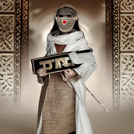 Image similar to portrait of masked dune dynasty with chanel clothes, white background, chanel logo, 8 k, symmetrical, 3 d render, octane render, insane details