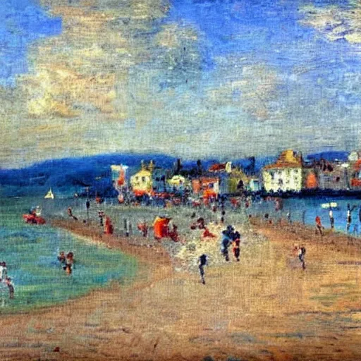 Image similar to a town by the seaside, impressionist