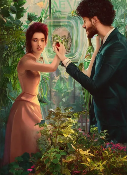 Image similar to an excited couple redefining love in a caffe surrounded by plants, expressionist painting by Francis Bacon and tom bagshaw, artstation