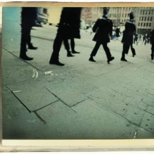 Prompt: wide-shot low-angle cat's eyesight photo of empty!!! animated walking ghostly people (((heads))) at the street in New York, polaroid photo, by Andy Warhol, signed