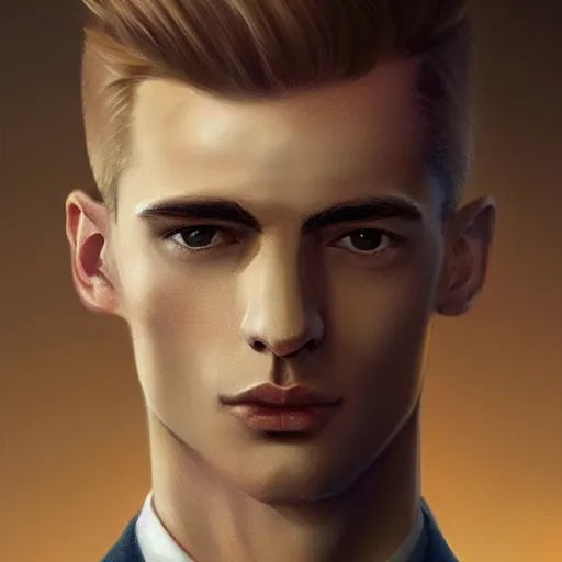 Image similar to tall man in his twenties with brown blond short quiff hair and thin slightly round facial structure with cleft chin, straight eyebrows and prominent nose, good definition of cheekbones, big hazel nut brown eyes, narrow face, slim body, atmospheric lighting, painted, intricate, 4 k, highly detailed by charlie bowater