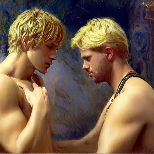 Image similar to attractive male, arthur pendragon who has blond hair confesses his love to attractive male, merlin who has dark hair. highly detailed painting by gaston bussiere, craig mullins, j. c. leyendecker 8 k