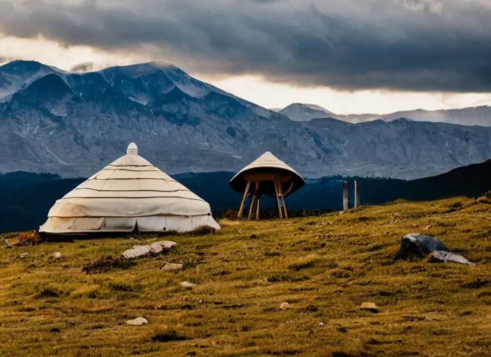 Image similar to a lone yurt on a hill overlooking cloudy mountains in the morning