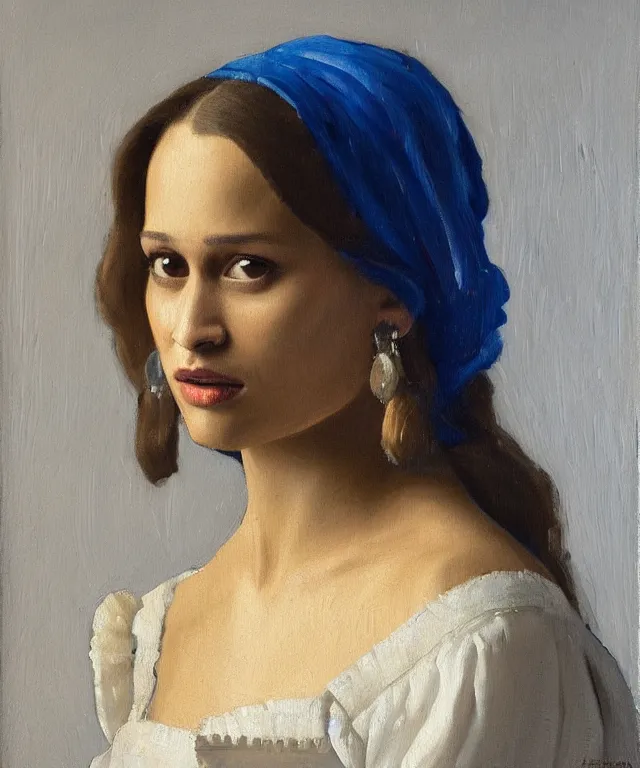 Image similar to a highly detailed, beautifully lit oil painting portrait of a pretty, young alicia jessica vikander alba sitting at a table by an open window, by vermeer